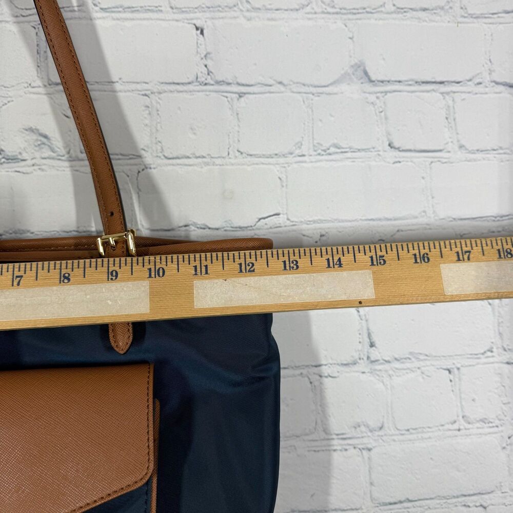 Michael Kors Canva Shoulder Tote Women Blue Colorblock Leather Trim Preppy Bag - Picture 6 of 16